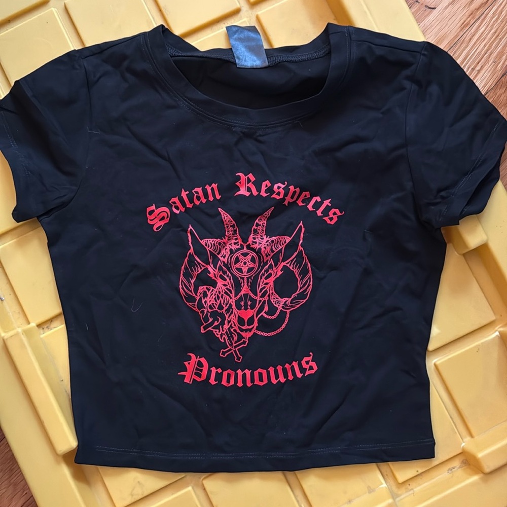 Sassy “Satan Respects Pronouns” Black Cherry Kitten Tee Super Skank!